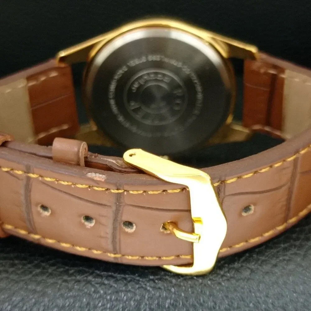 Vintage 1973 Roamer Manual Mens Gold Watch W/Leather Strap & Silver accents
